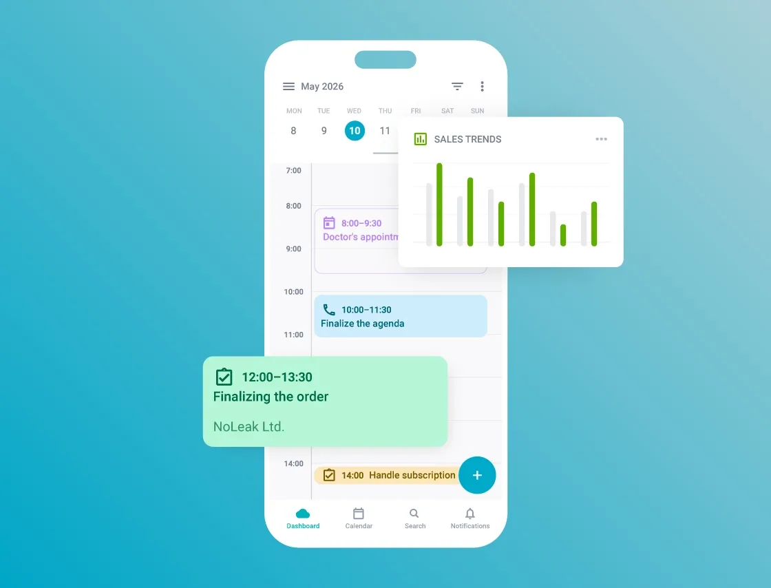 White smartphone shows a scheduling app, chat bubbles, and a weekly trends bar chart.