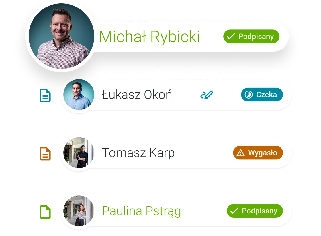 List of four individuals with names, profile pictures, and status updates including 'Signed' and 'Expired'.