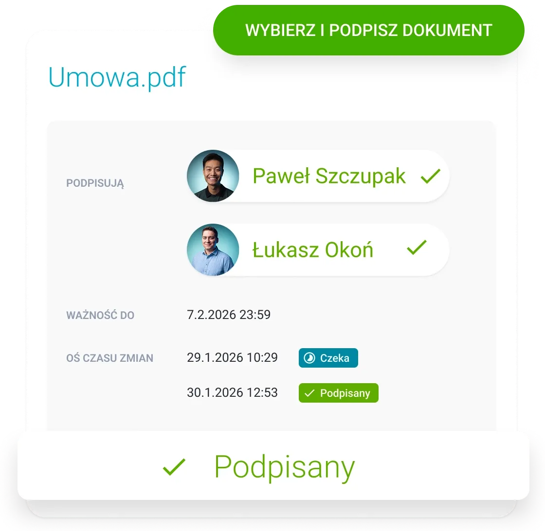 Interface displaying "Umowa pdf" digitally signed by Pawel Szczupak and Lukasz Okoń.