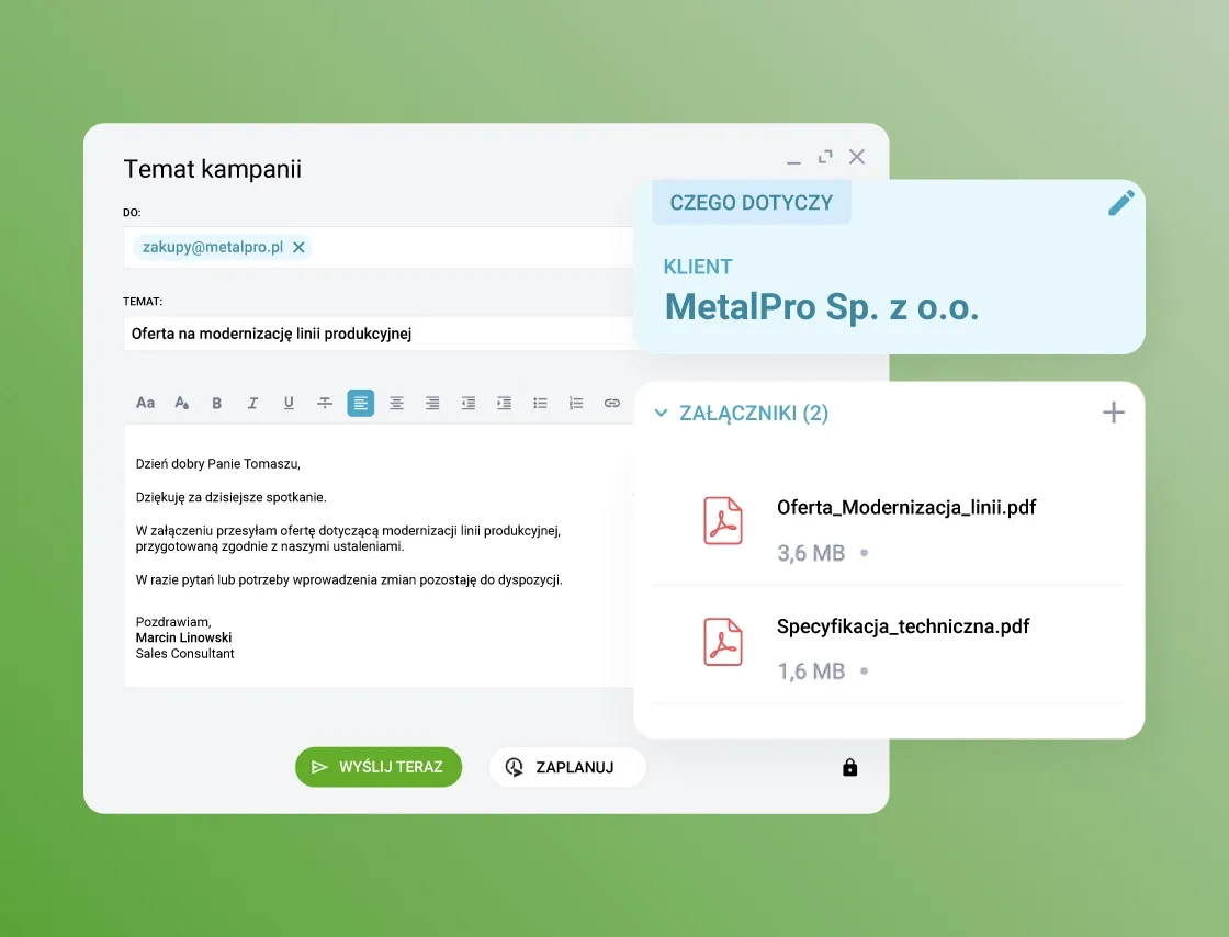 Interfejs szkicu wiadomości e-mail pokazujący ukończoną kampanię, załączniki i kontekst klienta „HaHaf Technologies”.