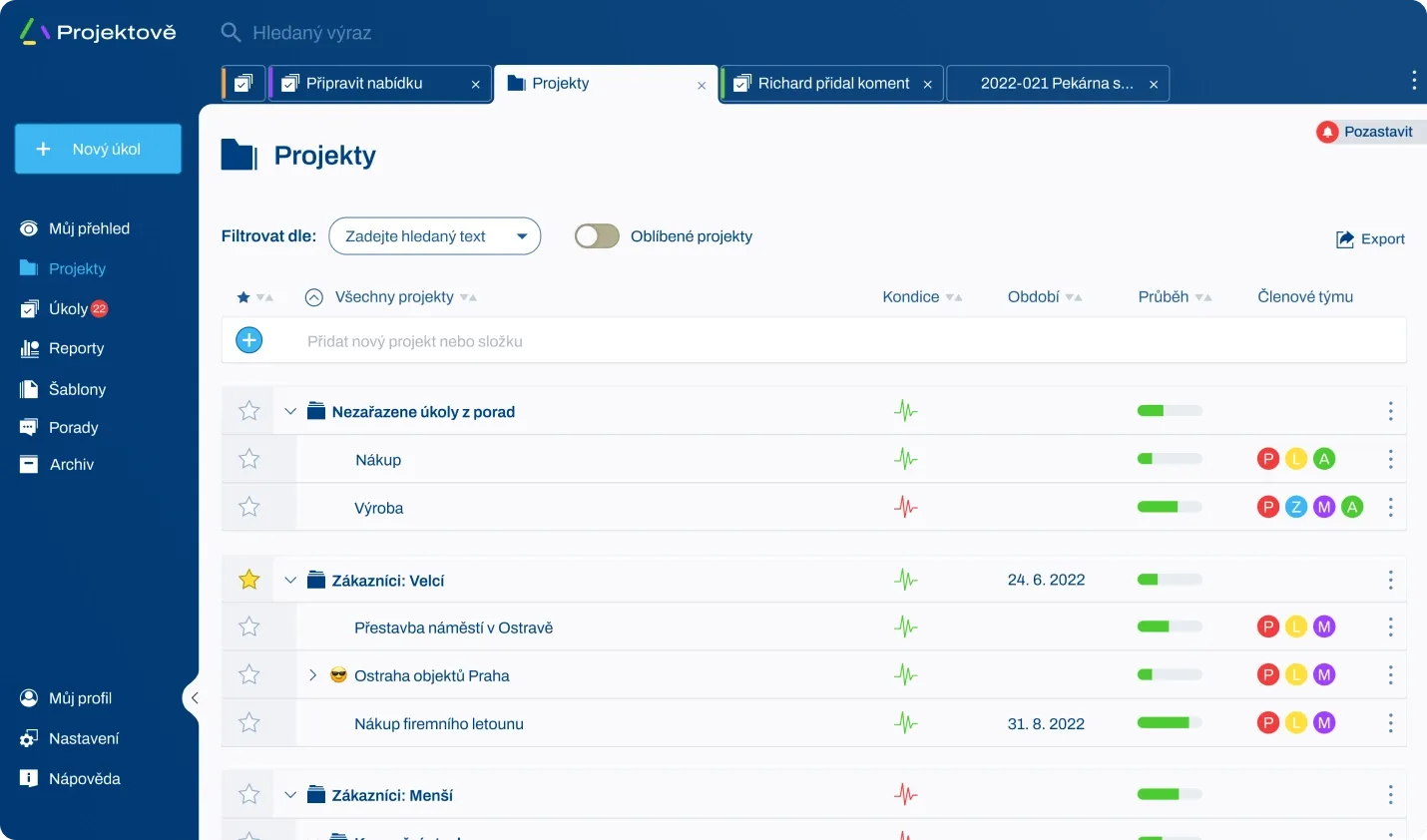 Project management software interface displaying a list of projects with filters and details.