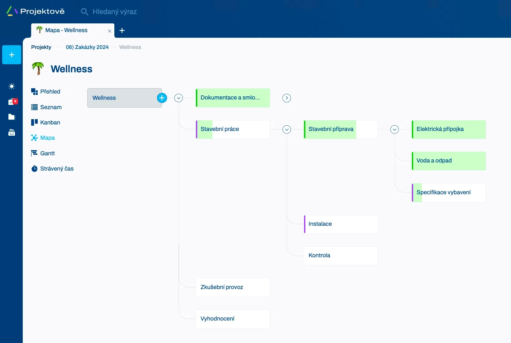 Software interface displaying a 'Wellness' mind map with interconnected customer journey process steps.