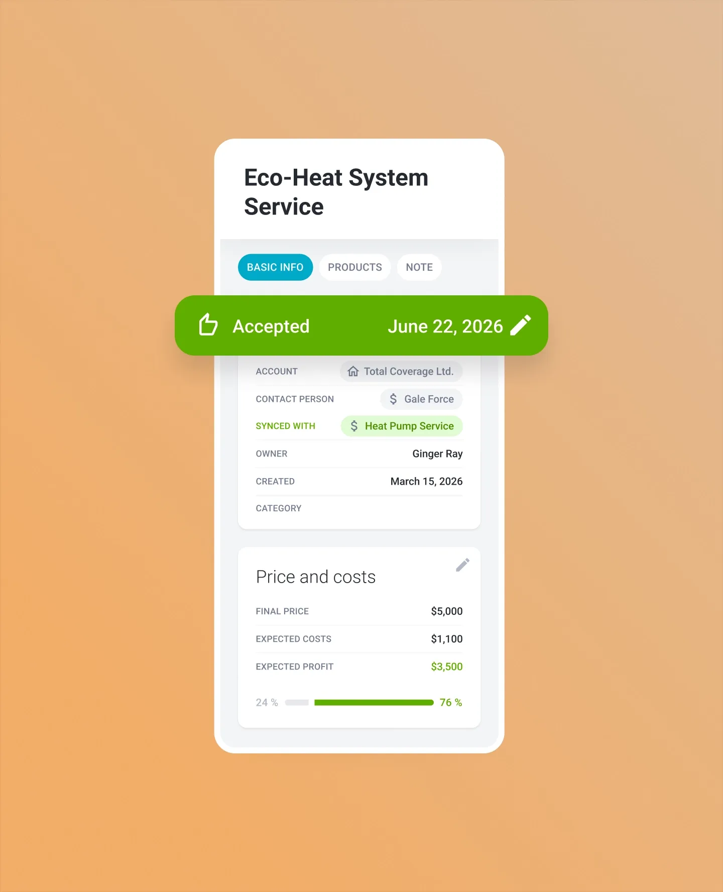 Mobile app showing Ene-Heat System Service details, "Approved" status, and date.